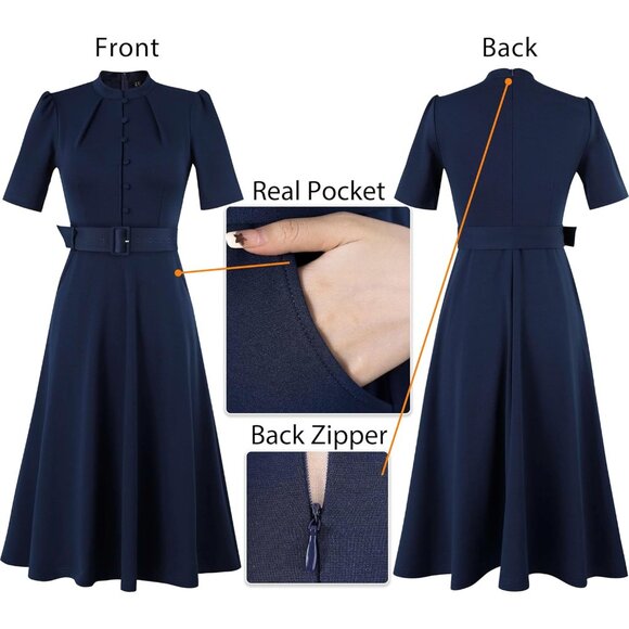 Women's Navy Blue Fit Flare Midi Dress Polyester Cotton Spandex Work Office - Picture 5 of 6